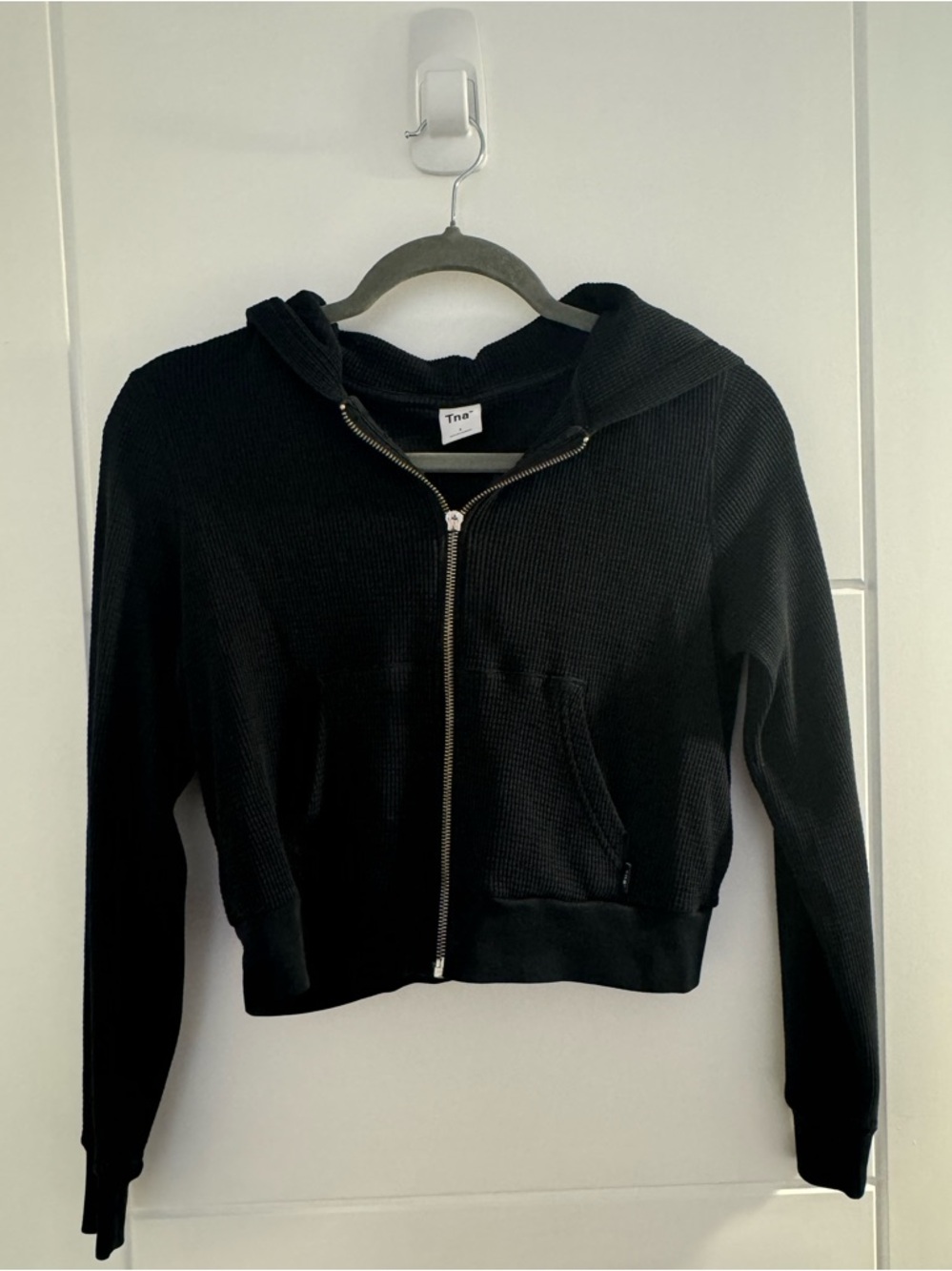 TNA Black Waffle-Knit Zip-Up Hoodie